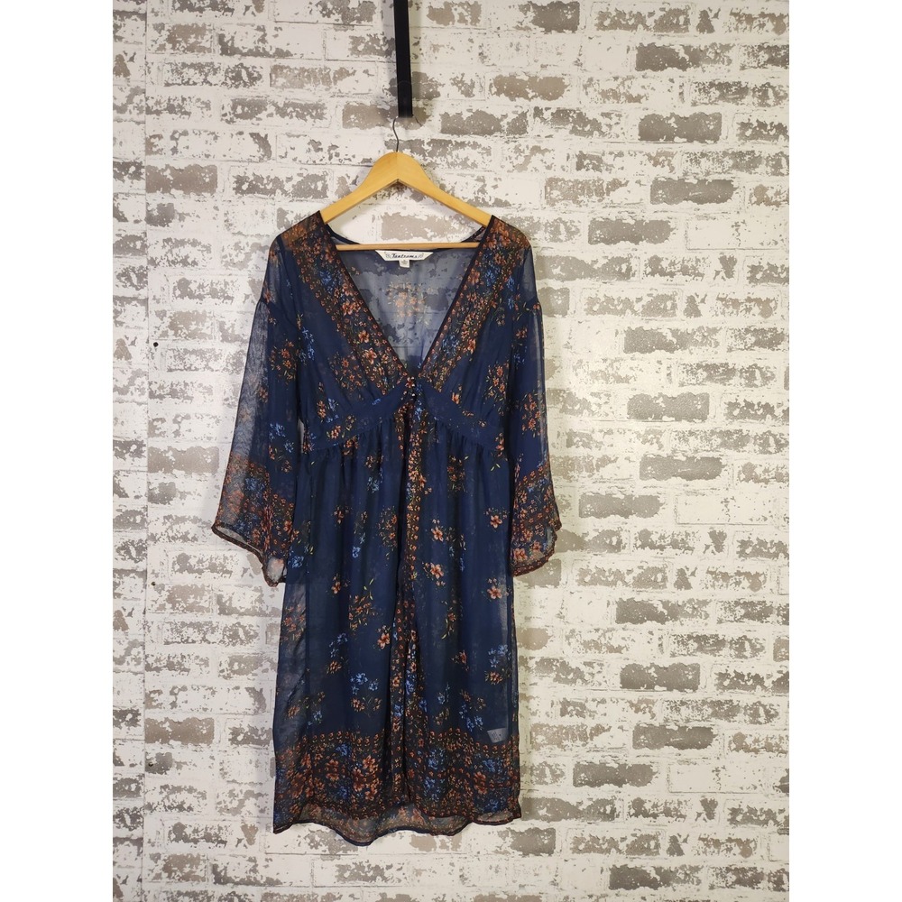 Tantrums Floral Sheer Kimono Duster Medium Blue Bell Sleeve Boho Festival